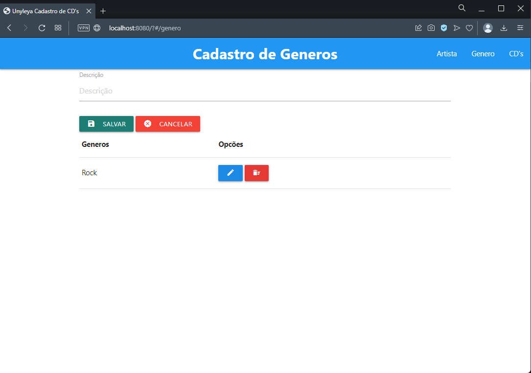 Segundo Slide Tela de Cadastro de Generos